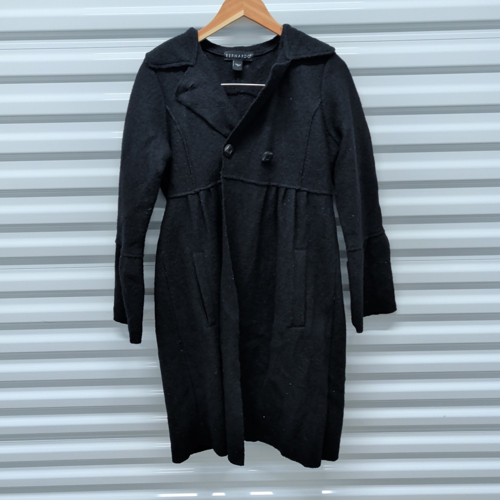 Bernardo Women Coat S Black 100% Wool Empire Waist Bell Sleeve Peplum Mid Length